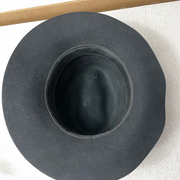 Janessa Leone Wool Fedora Hat Womens Medium Black Wide Brim Ribbon Stripe *